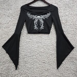 Romwe Shirt Womens Small Black Butterfly Flounce Sleeve Fairy Grunge Gothic Punk